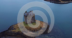 Aerial view of Castle Stalker in Scotland