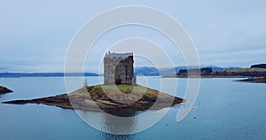 Aerial view of Castle Stalker in Scotland