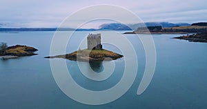 Aerial view of Castle Stalker in Scotland