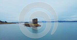 Aerial view of Castle Stalker in Scotland