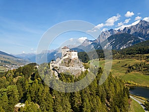 Aerial view of Castle Tarasp built in the 11th century in Swiss Alps