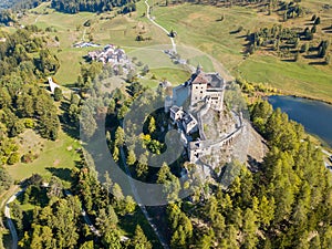 Aerial view of Castle Tarasp, Graubuendon, Switzerland