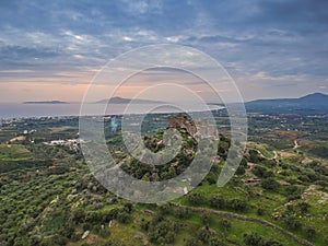 Aerial view of the Castle of Vatika or Castle of Agia Paraskevi at sunset. The castle is located in Mesohori village and has a