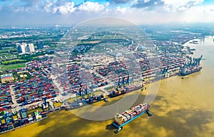 Aerial view of Cat Lai port with cargo ship and container Ho chi Minh city, Vietnam
