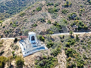 Aerial view of Catalina Chimes Tower, Avalon bay, Santa Catalina Island, USA