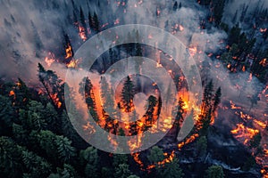 Aerial view of a catastrophic forest fire