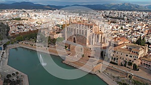Aerial view Cathedral La Seu  and Palma cityscape. Balearic Islands. Spain
