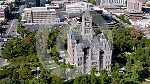 Aerial view of the cathedral of the Madeleine in Downtown Salt Lake City Utah.