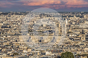 Aerial view of the Cathedral of Notre Dame in Paris at sunset from the top of the Tour Eiffel