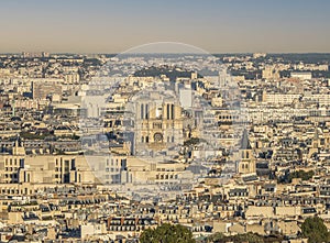 Aerial view of the Cathedral of Notre Dame in Paris at sunset from the top of the Tour Eiffel