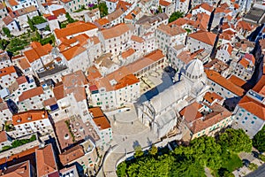 Aerial view of the cathedral of Saint James and waterfront of Sibenik, Croatia