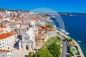 Aerial view of the cathedral of Saint James and waterfront of Sibenik, Croatia