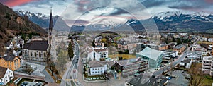 Aerial view of Cathedral of St. Florin in Vaduz, Liechtenstein.