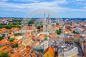 Aerial view of the cathedral of Zagreb and Dolac market, Croatia