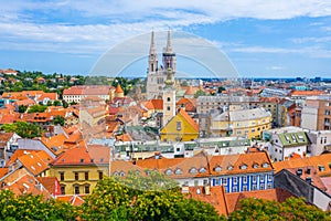 Aerial view of the cathedral of Zagreb and Dolac market, Croatia