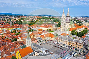 Aerial view of the cathedral of Zagreb and Dolac market, Croatia