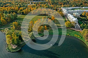 Aerial view of the Catherine Park with a large pond in Tsarskoe Selo. Pushkin. Catherine Palace. Cameronov Gallery.Russia, Pushkin