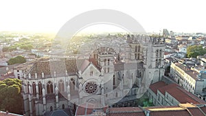 Aerial view of Catholic cathedral in Montpellier, France at sunrise