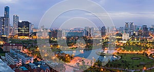 Aerial view of Cau Giay park, Hanoi skyline cityscape at twilight