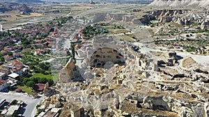 Aerial view of Cavusin-Cappadocia A lot of stone houses and churchs. ancient village Cavusin.