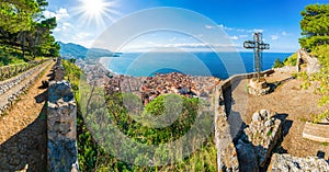 Aerial view of Cefalu and Mediterranean sea, seen from La Rocca park, Sicily, Italy