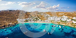 Aerial view of the celebrity beach Psarrou on the Greek island of Mykonos