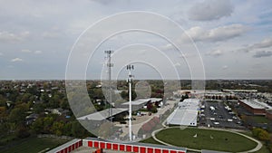 Aerial view of cellular wireless mobile data tower for mobile network. American suburban neighborhood