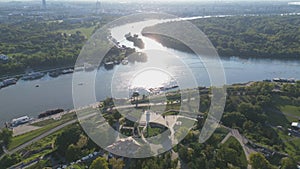 Aerial view of the center of Belgrade. Kalemegndan Park and view of the Danube and Sava