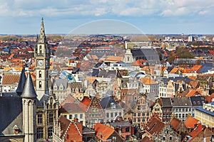 Aerial view on the center of Ghent in Belgium