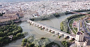 Aerial view of center of spanish city Cordoba with Mosque Carhedral and Roman Bridge