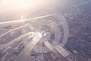 Aerial view of Central London through airplane window vintage c photo