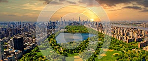 Aerial view of the Central Park in New York during sunset