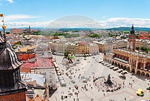 Aerial view on the central square and Sukiennice in Krakow.