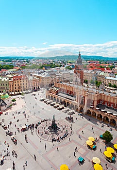 Aerial view on the central square and Sukiennice in Krakow.