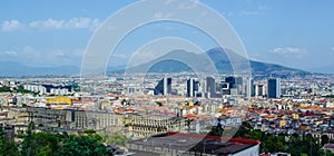aerial view of centro direzionale business district in naples with mount vesuvius behind....IMAGE