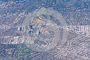 Aerial view of Century City, Westwood and Beverly Hills in Los Angeles California