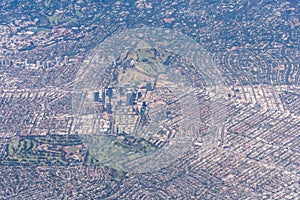 Aerial view of Century City, Westwood, Beverly Wood and Beverly Hills in Los Angeles