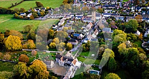 The aerial view of Cerne Abbas village in Dorset, England