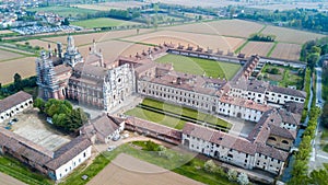 Aerial view of the Certosa di Pavia, the monastery and shrine in the province of Pavia, Lombardia, Italy