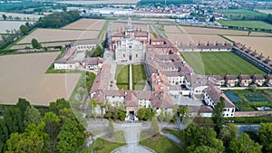 Aerial view of the Certosa di Pavia, the monastery and shrine in the province of Pavia, Lombardia, Italy