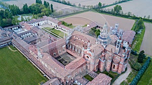 Aerial view of the Certosa di Pavia, the monastery and shrine in the province of Pavia, Lombardia, Italy