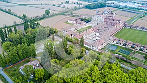 Aerial view of the Certosa di Pavia, the monastery and shrine in the province of Pavia, Lombardia, Italy