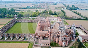 Aerial view of the Certosa di Pavia, the monastery and shrine in the province of Pavia, Lombardia, Italy