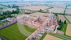 Aerial view of the Certosa di Pavia, the monastery and shrine in the province of Pavia, Lombardia, Italy