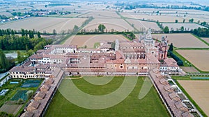 Aerial view of the Certosa di Pavia, the monastery and shrine in the province of Pavia, Lombardia, Italy