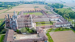 Aerial view of the Certosa di Pavia, the monastery and shrine in the province of Pavia, Lombardia, Italy