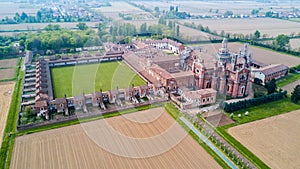 Aerial view of the Certosa di Pavia, the monastery and shrine in the province of Pavia, Lombardia, Italy