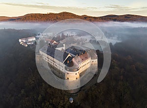 Aerial view of Cerveny Kamen, Red stone castle in the Carpathian mountains in Slovakia