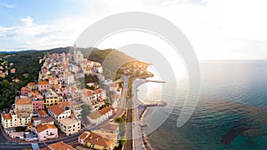 Aerial view Cervo medieval town on the mediterranean coast, Liguria riviera, Italy, with the beautiful baroque church and tower be