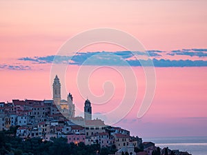 Aerial view Cervo medieval town on the mediterranean coast, Liguria riviera, Italy, with the beautiful baroque church and tower be